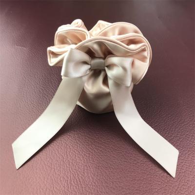 China Beautiful Soft Beige Champagne SATIN Ribbon Bow Custom Piping Elastic Ruffle Rope Closure Double Layer Around SILK Jewelry Watch Bag Glass Pouch for sale