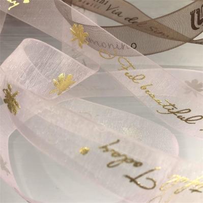 China Recyled Organza Satin Grosgrain Ribbon With Logo Letter Character Solid Color Custom Printing Dots Stripes Strips 100% Polyester Ribbons for sale