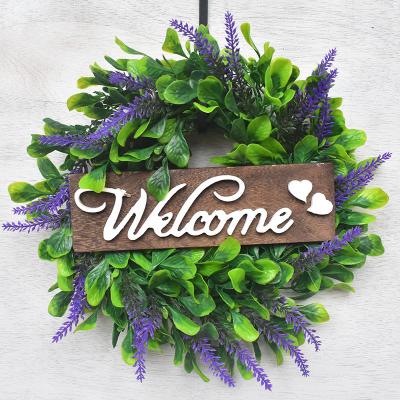 China Artificial Wreath Wedding Home Decorative Green Spring Lavender Wreaths Door Boxwood Welcome for sale