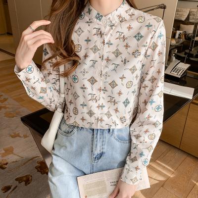 China Summer New QUICK DRY Spring Blouses 2022 Ladies Elegant Printing Shirts Long Sheath Tangerine Collar Shirts Tops Blusas Mujer for sale