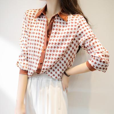 China QUICK DRY Fashion Ladies Blouses Houndstooth Shirts Elegant Women Print 2022 Autumn Spring Long Sleeve Tops Bottom Shirts Blusas Mujer for sale