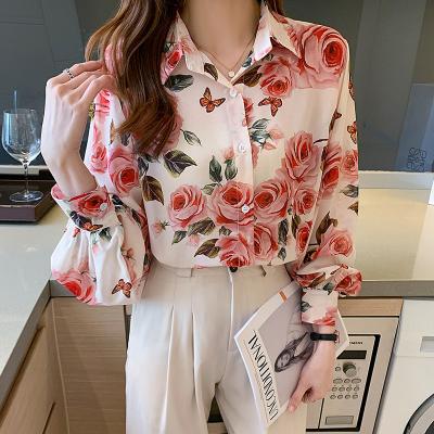 China Fashion Breathable Flower Printing Ladies Shirts Womens Blouses Spring Autumn Lantern Sleeve Shirts Blusas Mujer Tops for sale