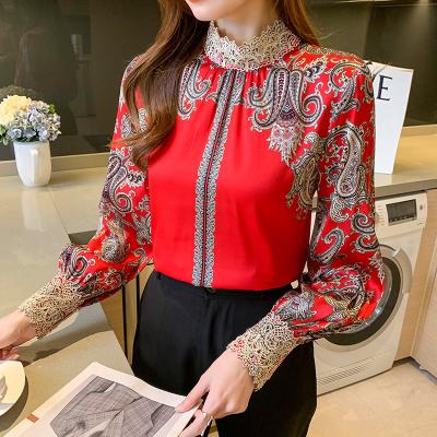 China QUICK DRY Vintage France Style Ladies Blouses 2022 Summer Elegant Printing Silk Women's Spring Shirts Long Sleeve Shirts Tops Blusas Mujer for sale