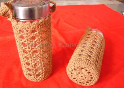 China Orange Handles Cotton Crochet Cup Cozy Hollow Out , Handmade Knitted Cup Sleeve for sale