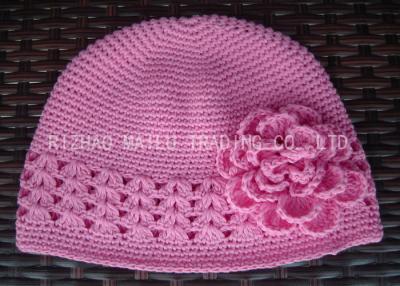 China Pink Crochet Winter Hat Milk Cotton Crochet Girl Hat With Multi Layere Petals Flower for sale