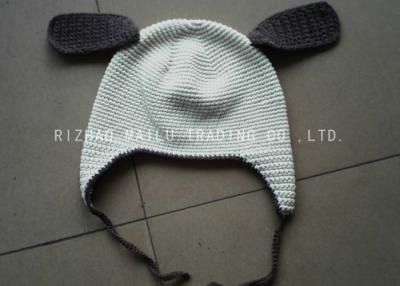 China White Crochet Winter Hat With Brown Earflap And Ribbon / Crochet Beanie Hats for sale