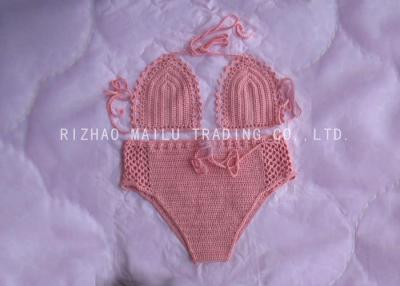 China High Waist Pink Crochet Swimwear Push Up Pear Shape , Two Piece Knitted Bikini for sale