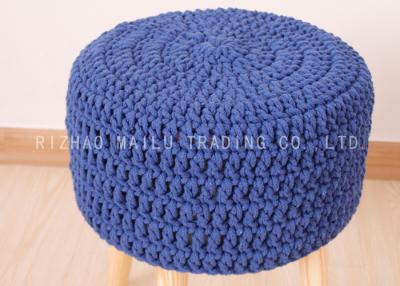 China Blue Cable Strip Crochet Stool Cover , Cotton Round Crochet Ottoman Cover for sale