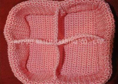 China Pink Crochet Rectangle Basket Four Compartments Cable Crochet Flower Basket for sale