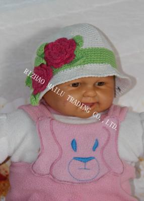 China White Handmade Crochet Winter Hat For Baby With Red Flowers / Green Leaves for sale