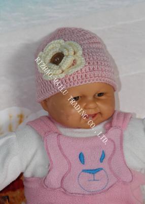 China Pink Baby Girls Crochet Winter Hat With Flower Applique / Buttons for sale