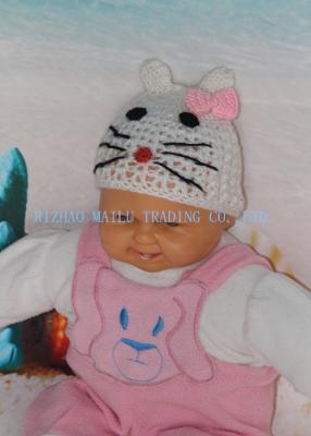 China Cute Hollow Out White Cat Easy Crochet Hat With Beautiful Pink Bowknot for sale