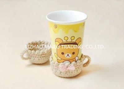 China Lovely offwhite hand crochet cup holder with pink lace bow and handle for sale