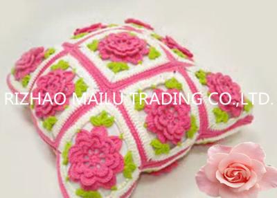 China Multi Squares Hand Crochet Cushion Cover , Red Flower With Lovely Green Leaves for sale