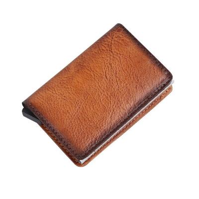 China NATIONAL Hot Selling Genuine Leather Minimalist RFID Aluminum Genuine Leather Pop Up Slim Credit Card Holder Cards Wallet for sale