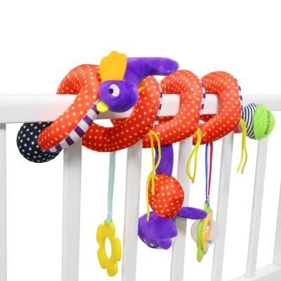 China Newest 2021 MINGJUN Eco-friendly Purple Bird Bed Around Hanging Stroller Bed Belt Bell Teether Plush Toy for sale