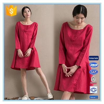 China Fashion red linen ladies winter one piece dress of large size for sale