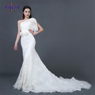 China Nueva llegada de encaje blanco puro rosa de mano aplicaciones de cuentas de suelo largo de hombro soltera vestido de novia vestido de novia en venta