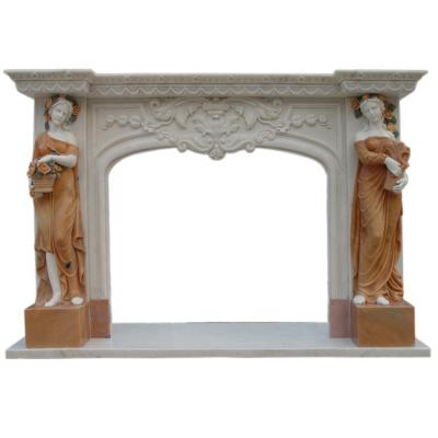 China Europe Western Style Luxury Cream Marble Egypt Fireplace Mantel With Lady Statue for sale