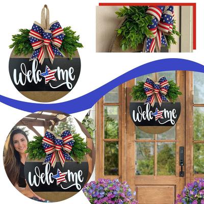 China Home Decoration Custom Independence Day Party Wooden Welcome Wreath Sign Front Door Decor Wooden Hanging Wreath Sign for sale