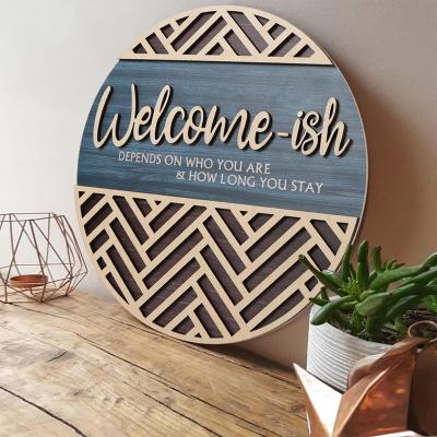 China Home Decoration Creative Wooden 3D Wall Welcome Hanging Wreath Sign Decoration Wood Crafts Hanging Welcome Wreath Sign for sale