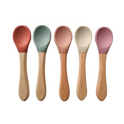 China BPA Free Baby Administers Toddler Food Grade Baby Early Stage Self Feeding Utensils Spoon Training Gently Tilted Pre Wooden Spoon for sale