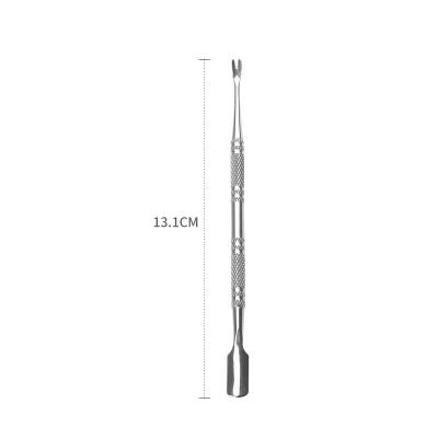 China Customized Silver Angled Square Flat Logo Double Head Finger Cuticle Pusher with Fork Stainless Steel Nail Cuticle Pusher and Fork for sale