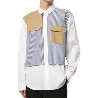 China Custom Anti-pilling Men's Long Sleeve Striped Panel Patchwork Shirt With Front Flap Pockets for sale