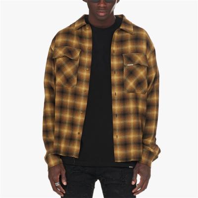 China OEM Custom Anti-pilling Men's Loose Fit Collared Plaid Checked Flannel Shirt With Front Pockets for sale