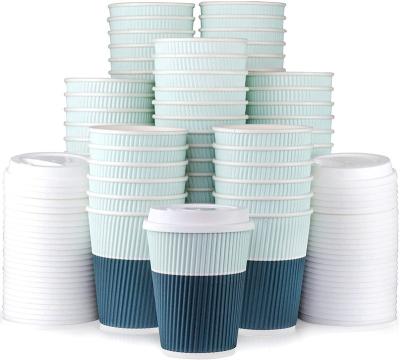 China 8oz 12oz Disposable Custom Printing Double Wall Corrugated Blue Ripple Disposable Coffee Paper Cup With Lids for sale