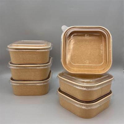 China Disposable Eco Friendly Food Grade Square Kraft Paper Salad Bowl 350ml 500ml 750ml 1000ml With PP PET Paper Lid for sale