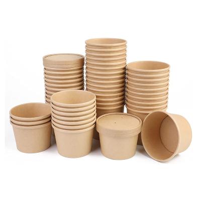 China Custom Printed High Quality Eco Friendly Disposable Hot Cup Brown Paper Soup Packing 8oz 500ml Soup Bowls With Paper Plastic Lids for sale