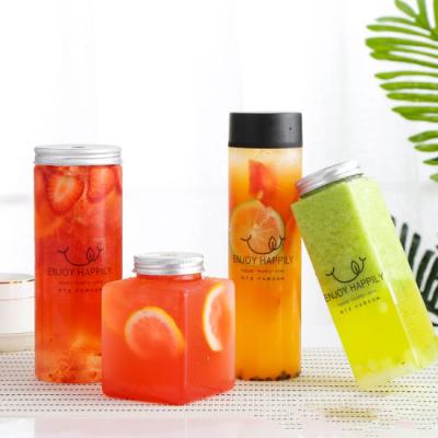 China 400ml 500ml PET Single Wall Clear Glass Tea Clear Glass Plastic Cold Drink Bottle With Aluminum Lid for sale