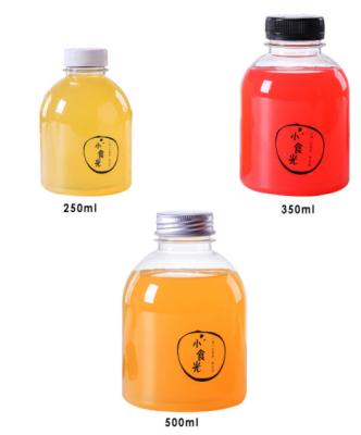 China 250ml 350ml 500ml Clear Pet Single Wall Beverage Food Grade Juice And Water Bottle With Plastic Aluminum Lid for sale