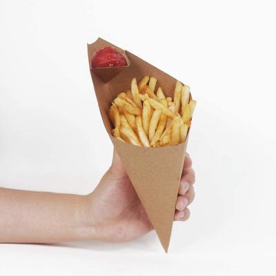 China Recycled Materials Logo Professional Custom Fast Food Disposable French Fries Wrapping Paper Snack Cones Tray Packaging Holder Box for sale