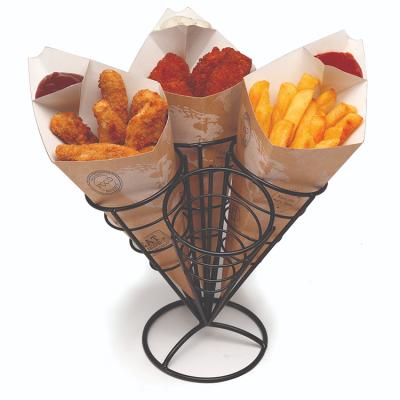 China Recycled Materials Disposable Custom Take Away Fast Food Wrapping Paper Triangle French Fries Box Paper Cone Holderwith Sauce Tray for sale