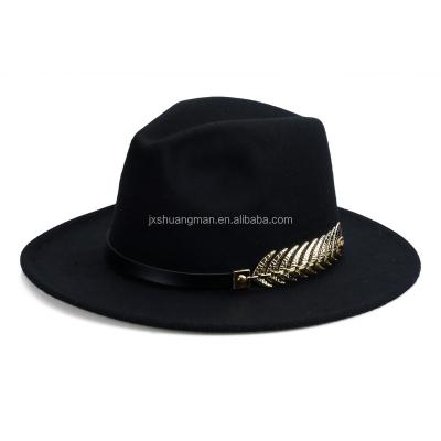 China Metal texture leaf leather belt top hat fall and winter soft wool felt hat with big eaves cowboy hat for sale