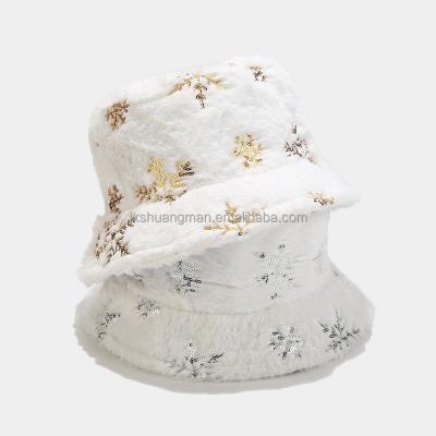 China COMMON Warm Fall/Winter Girls Sequin Snowflake Plush Christmas Decoration Bucket Hat for sale