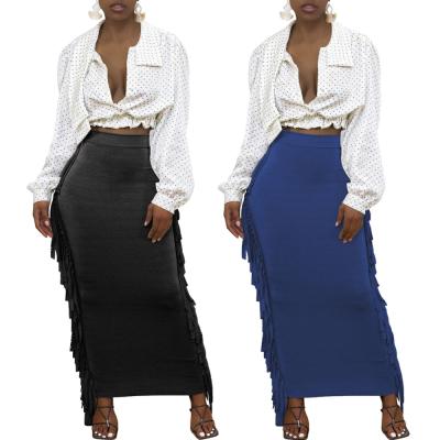 China Streetwear Winter Solid Color Cover Girl Anti-Static Pencil Trims Tassel Maxi Long Skirt Lady Elegant Side Ruffle Fringe Trims Women for sale