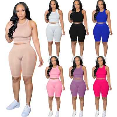 China Summer Solid Color Workout Wear Biker Shorts Sets Breathable Custom Jogging Fitness Ribbed Bodycon Tight Tank Top Two Piece Pants Set Women for sale