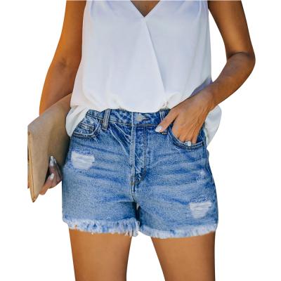 China Summer Ladies Breathable Fashionable Blue Classic Vintage Ripped Hole Ripped Casual Straight Women Jeans Pants Skinny Denim Shorts for sale