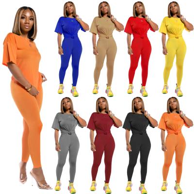 China Summer Fashion Women Breathable Sport Wear Casual Plus Size Yoga Legging Tracksuit Jogging 2 Piece Set Women's Short Sleeve Two Piece Outfits for sale