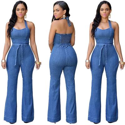 China Slim Fit Customized Backless Jean Jumpsuit With Belt Casual Boutique Women Breathable Halter Denim for sale