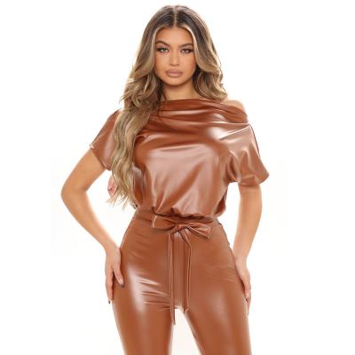 China Latest Design Ladies Anti-pilling Bodycon Sexy Hollow Out Overalls Tilt To Shoulder One Piece Lace Up Women Leather Overalls for sale