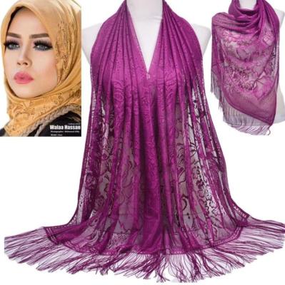 China 2021 Polyester Wholesale Supplier Customize New Design Solid Color Lace Hollow Shawl Muslim Woman Plain Fringed Hijab Scarf For Summer for sale