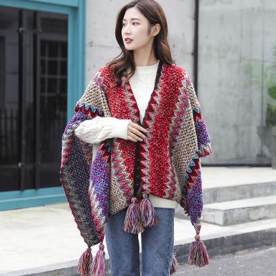 China New Autumn And Winter Retro Style Wool Knitted Coats Colorful Large Size Shawl Warm Thick Female Ethnic Scarves With Fringed Ball for sale