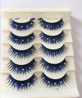 China Make the eyes look big and beautiful he60129a 5 pairs of false eyelashes crossed eyelashes blue dense exaggerated multi-color eyelashes with drill for sale