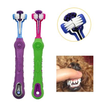 China Stocked Three Sided Dog Pet Toothbrush Bad Breath Tartar Teeth Care Cat Dog Tooth Cleaning Brush Soft Pet Finger Toothbrush for sale