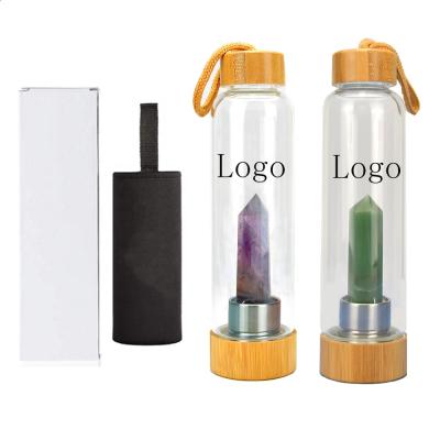 China Viable Custom Logo Gemstone Crystal Amethyst Mounted Quartz Crystal Elixir Bamboo Lid Water Bottle for sale