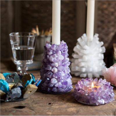 China Wholesale Price Eco-friendly Hand Made Colorful Rough Quartz Crystal Flower Candle Holder For Home Decoration for sale